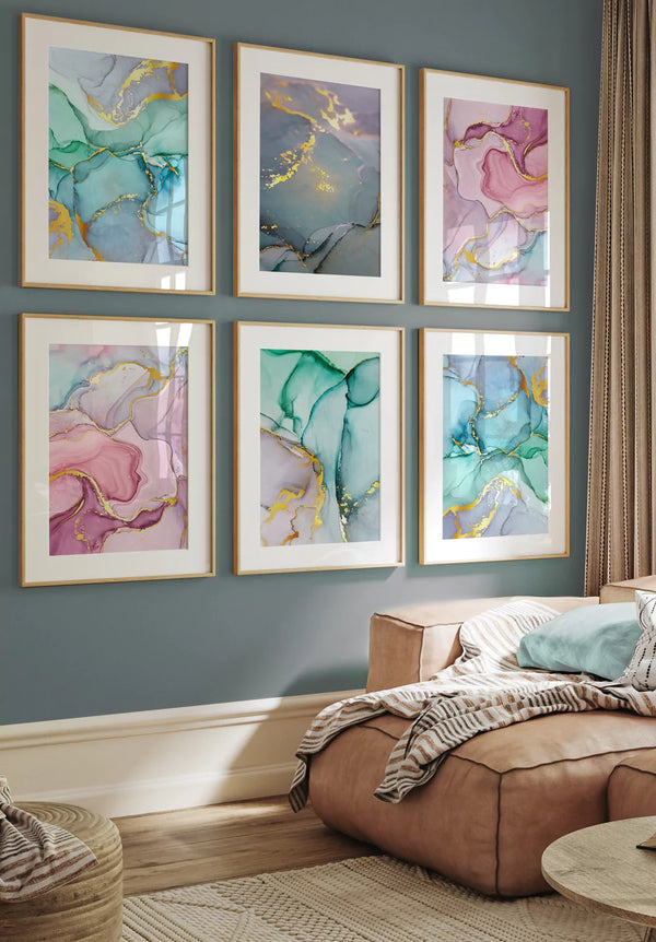 Błękitne Akwarele Złoty Zestaw 6 Plakatów 50x70cm