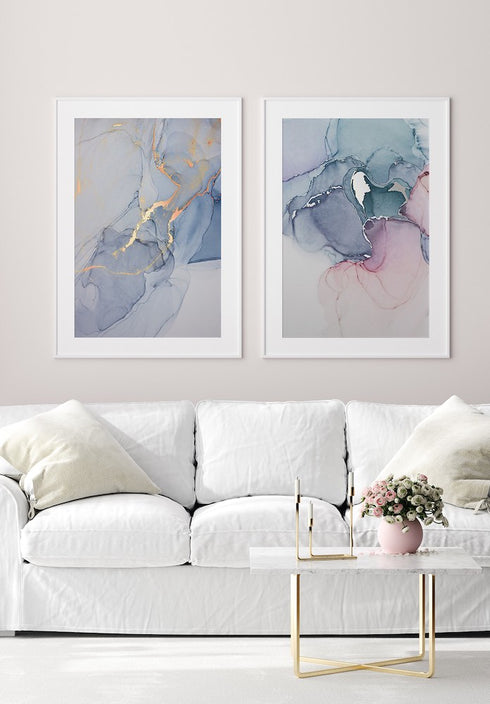 Akwarela Różowy Marmur Srebrny Plakat 50x70cm